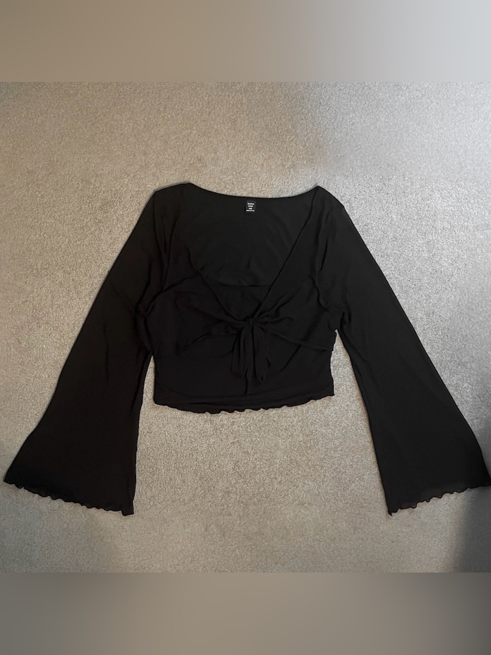 SHEIN Black Mesh Tie-front Flare Sleeve Cropped Blouse